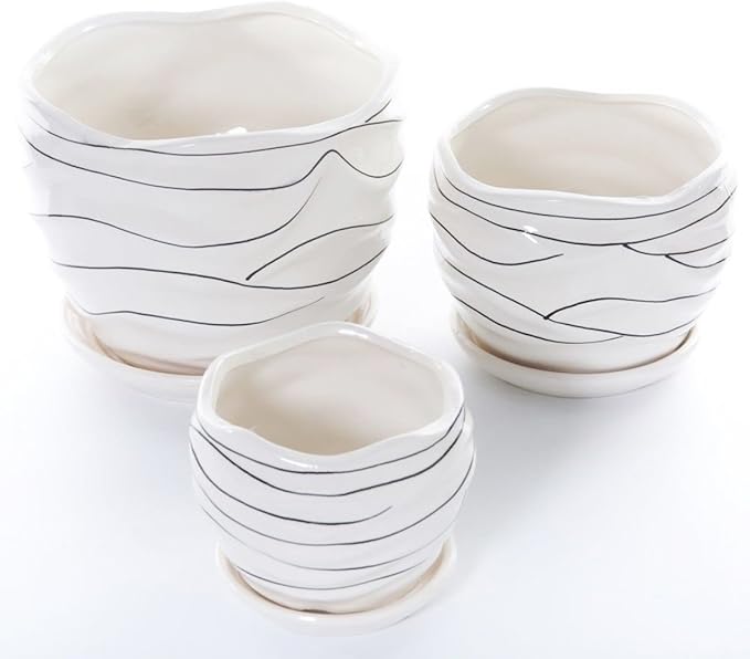 White Ceramic Flower Plant Pots Indoor Garden Plants Containers with Saucers, Set of 3