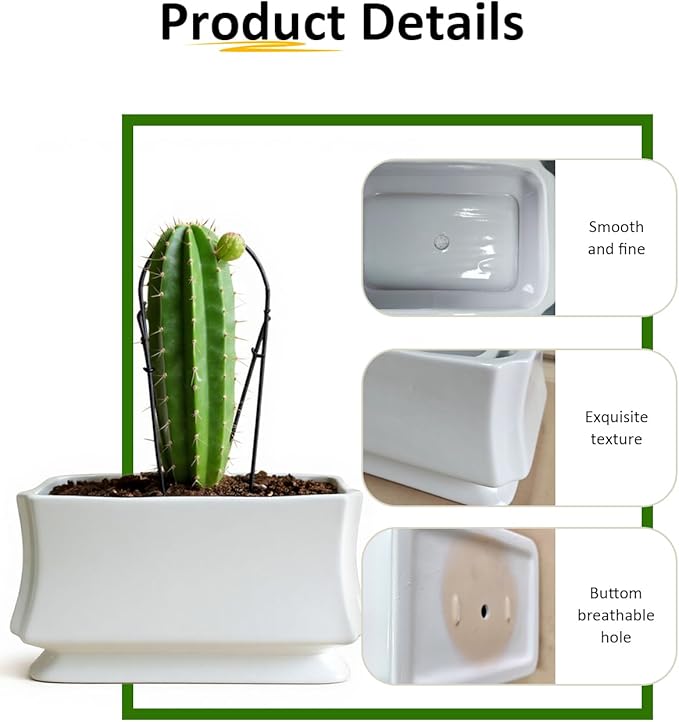 OXART Plant Pots, 11.8+9 inch Ceramic Planter, Indoor Pots Set with Drainage Holes, Flower Pot Rectangle Planters Pots with Hole Mesh Pad, Gifts for Mom, Decorative Ceramic Pots for Plants (White-4)