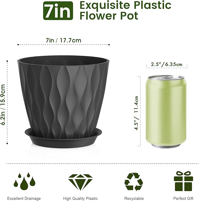 Meowell 7 inch Plant Pots for Indoor Outdoor Plants, 5 Pack Thick Flower Pots with Drainage Holes and Saucers, 3D Modern Wave Texture Plastic Planter Pots for House Plants, Black