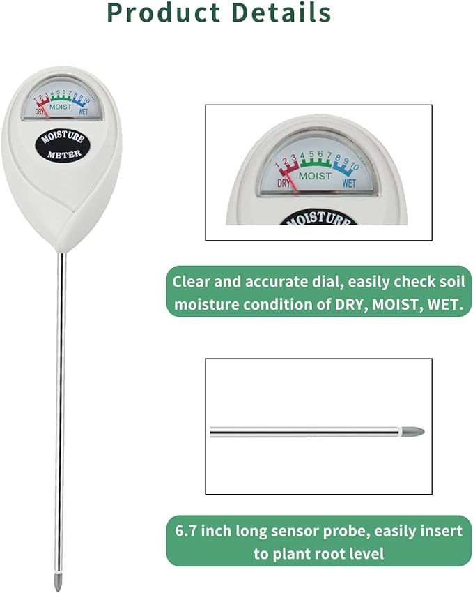 Censinda Soil Moisture Meter, Soil Moisture Monitor for House Plants, Soil Hygrometer Moisture Sensor for Indoor & Outdoor, Garden, Farm, Lawn Plant Care, No Battery Needed(White)