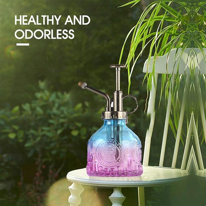 Plant Mister Glass Spray Bottle Small Plant Watering Can 6.4" Tall Retro Indoor Watering Can Bronze Plastic Top Pump for Garden Indoor Plant Sprayer