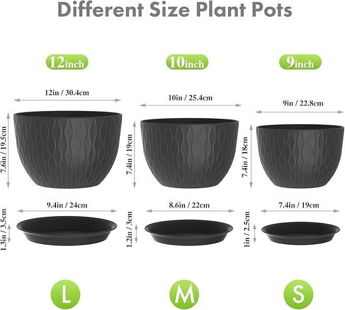 Meowell 12/10/9 inch Large Plant Pots, 3 Pack Wide Flower Pots for Outdoor Indoor Plants with Water Ripples, Big Plastic Planters with Drainage Holes and Saucers for Garden House Plants, Black