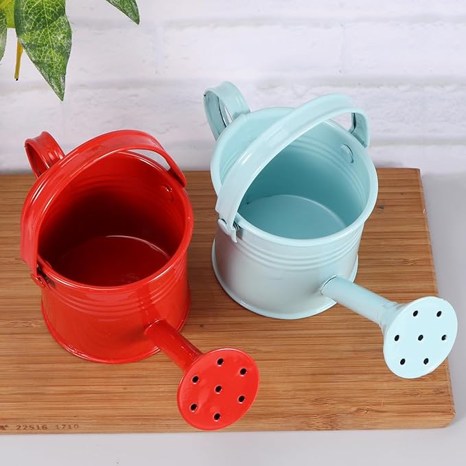 Watering Can Small Watering Can, Metal for Outdoor Plants, Iron Mini for Garden Yarde Home Plants Flower (Red and Light Blue, 2PCS)