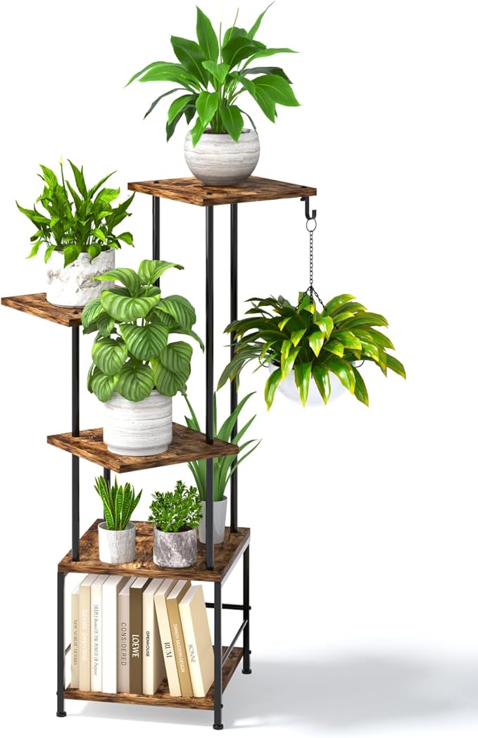 Homsorout Plant Stand Indoor, 5-Tier Tall Plant Stand Indoor, Metal Plant Shelf with Hanging Basket Hook, Ideal Corner Plant Table for Living Room, Balcony, Garden, Patio (Brown)