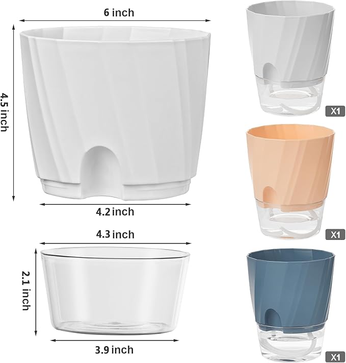 Self Watering Plant Pots 6 Inch, 3 Pack Plastic Indoor Planters with Wick Rope and Reservoir, Decorative Flower Pots for Spider Plant, Orchid, African Violet, Home Office Decor (White, Pink, Blue)