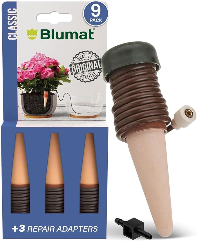 Blumat Classic Self-Watering Stakes - Prevents Overwatering and Underwatering for Healthy Growth While You are Away - Ideal for Indoor Plant Watering, 9 Pack, w Adapter