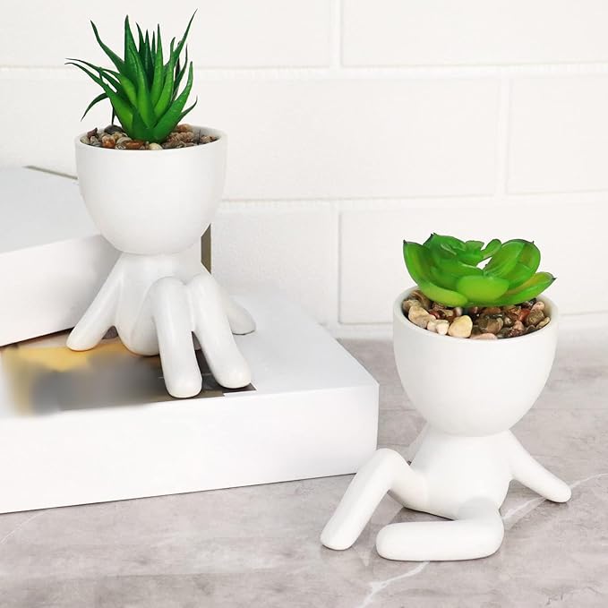 Pack of 4 White Mini Artificial Succulents, Ceramic Humanoid Greenery, Artificial Fake Plants, Bathroom Plants for Bathroom Decoration, Indoor Office, Christmas Decorations
