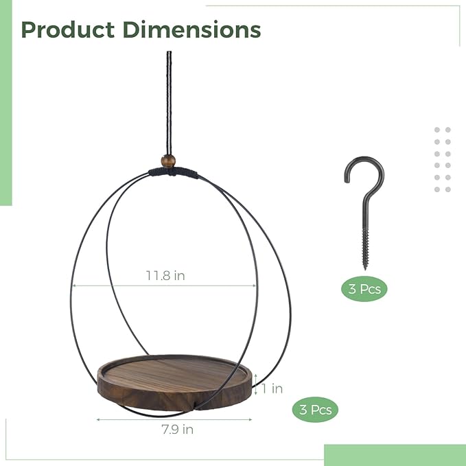 3 Pcs Hanging Plant Shelf, Round Wood Base with Black Metal Frame, Plant Holder with Adjustable Rope for Living Room, Balcony, Bedroom, Indoor Plant Display