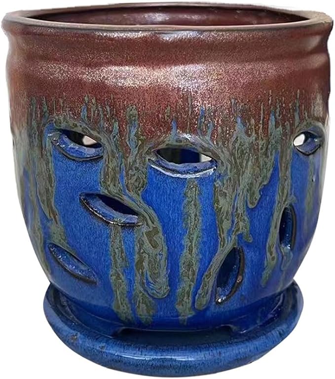 Large 6inch Ceramic Orchid pots with Holes, Flower Pot with Saucer for Indoor Plants Home Decorative, Round Planter (Blue+Golden Brown)