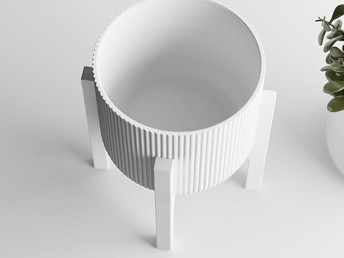 Modern Geometric Planter with Stand – Decorative Indoor Plant Pot with Ridged Top & Smooth Bottom, Stylish Planter for Succulents, Herbs, Small Plants (White - Ridges only and Stand)