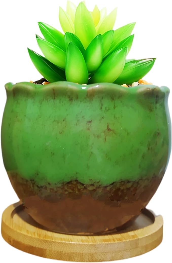 Cute Circular Ceramic Home Garden Decoration Succulent Cactus Flower Pots Container with Bamboo Tray -Plant Not Included (Green, 3.9 Inch)