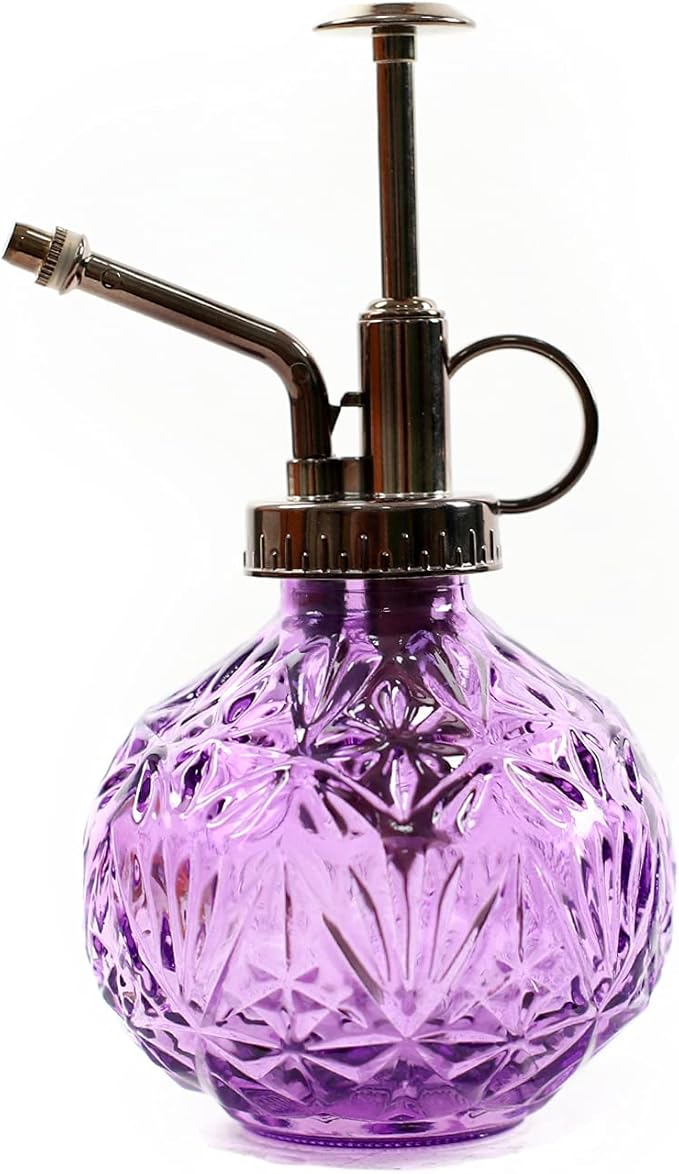 Hniuyun Glass Plant Mister Spray Bottle, 6.5inch Tall Vintage Round Spritzer with Bronze Plastic Top Pump for Watering Your Garden (Purple)