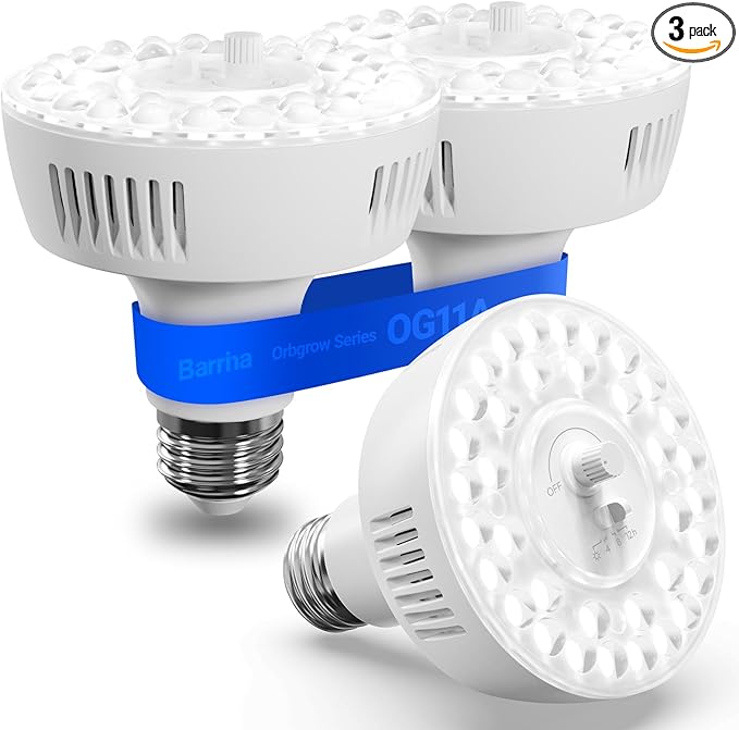 Barrina Orbgrow OG11A Grow Light Bulbs for Indoor Plants, Integrated Dimming & Timing, 5000K 33W(3 x 11W, 300 Watt Equiv), E26 Plant Light Bulb, Full Spectrum for Seeds and Greens, 3 Packs, White