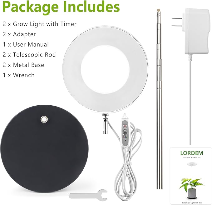 LORDEM Grow Light, LED Plant Light for Indoor Plants Growing, Full Spectrum Desk Growth Lamp with Automatic Timer for 4H/8H/12H, 4 Dimmable Levels, Height Adjustable 9.8"-30.6", 2 Pack