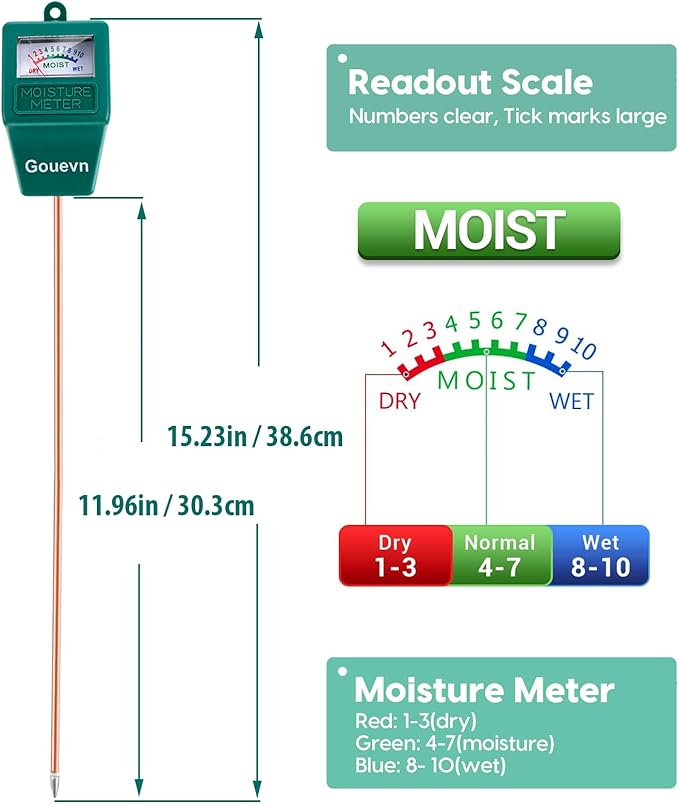 Gouevn Long Probe Soil Moisture Meter for Plants, Plant Moisture Meter for House Plants, Plant Water Meter for Indoor & Outdoor Large Potted Plants, Hygrometer Gardening Gifts - No Battery Needed