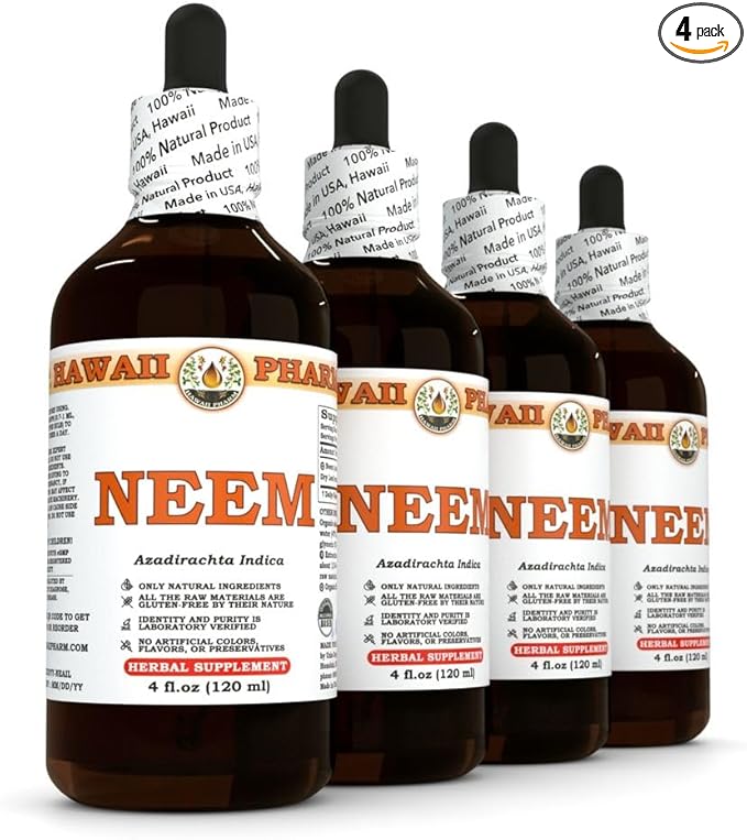 Hawaii Pharm Neem (Azadirachta Indica) Liquid Extract, Tincture, Herbal Supplement, Made in USA, 4x4 fl.oz