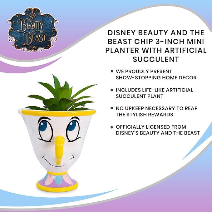 Silver Buffalo Disney Beauty and The Beast Chip 3-Inch Ceramic Mini Planter with Artificial Succulent | Small Flower Pot, Faux Indoor Plants for Desk Shelf, Home Decor Trinket Tray and Collectibles