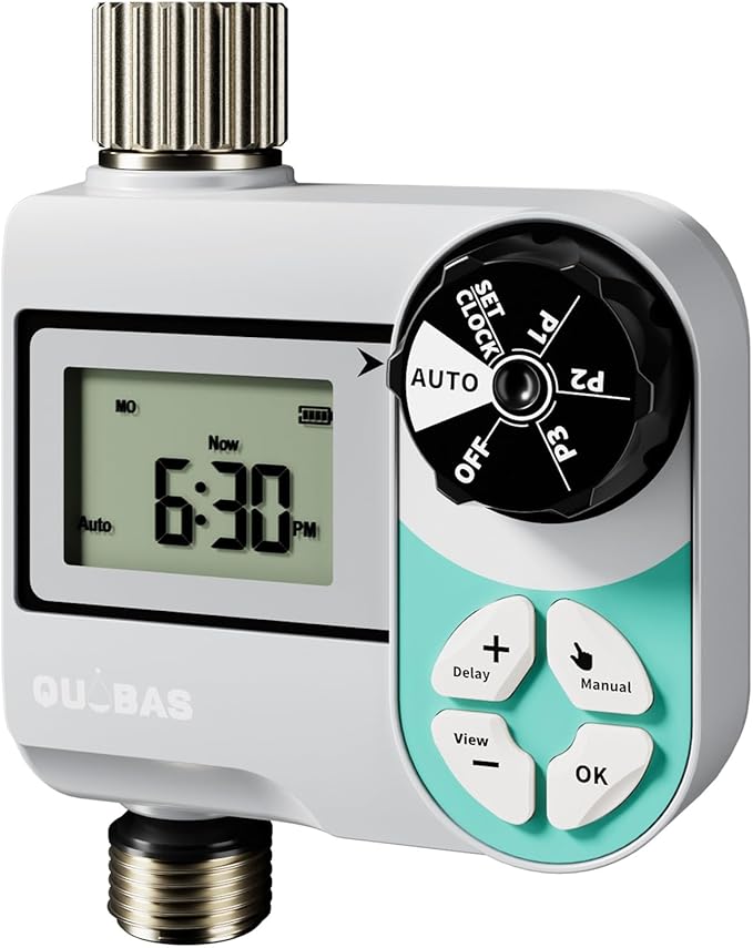 QUOBAS Sprinkler Timer, Weekly Programmable Water Hose Timer for Garden Hose Faucet with Waterproof HD Screen, Rain Delay/Manual/Automatic Irrigation Watering System for Garden, Lawn, Yard