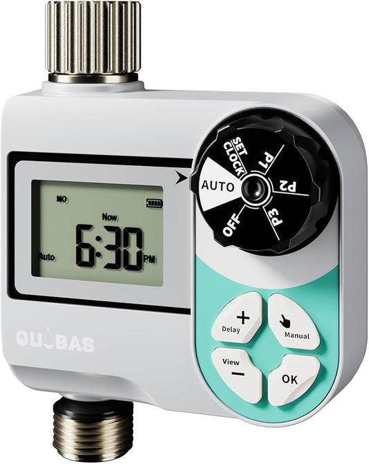QUOBAS Sprinkler Timer, Weekly Programmable Water Hose Timer for Garden Hose Faucet with Waterproof HD Screen, Rain Delay/Manual/Automatic Irrigation Watering System for Garden, Lawn, Yard
