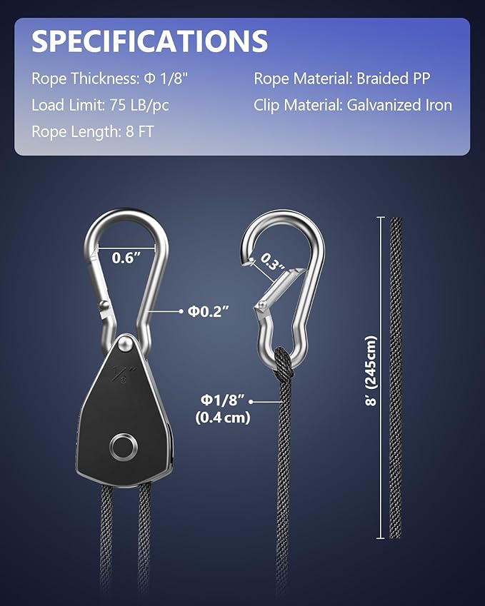 VIPARSPECTRA Retractable Heavy Duty Ratchet Tie Down Straps [8 Pack, 8ft, 75lbs/Pack], Rope Pulley System with Carabiner Hook Rope Adjuster for Hanging Plants/Grow Light/Tents Various Tie-Down Uses