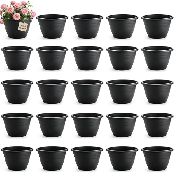 RooTrimmer 25 Pack 10 Inch Plant Pots with Drainage Holes,Black Plastic Flower Pots for Indoor & Outdoor Plants,Durable Lightweight Planters for Flowers,Herbs & Gardening