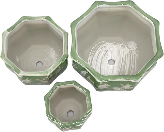 Galt International Green & White Floral Porcelain Ceramic Decorative Flower Pot 8"/6"/4.5" Garden Pots Chinese Asian Design - Set of 3 Green Fluted