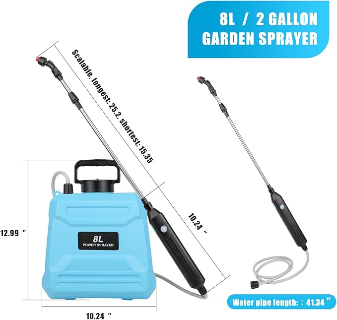2 Gallon Battery Powered Sprayer, Electric Garden Sprayer, Pump Sprayer with 3 Mist Nozzles & USB Rechargeable Handle & Retractable Wand & Adjustable Strap for Lawn, Garden, Yard(Blue)