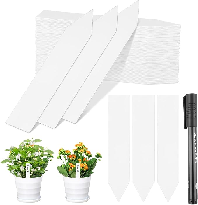 Greaner 4 Inch Plant Markers, 100PCS Weatherproof Plant Markers, Plastic Plant Labels for Outdoor Garden Waterproof, Plant Name Tags for Indoor Outdoor Plants with Garden Marker Pen（White）
