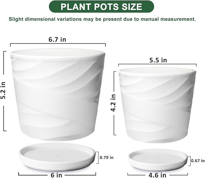 6.7 + 5.5 Inch Plant Pot, Ceramic Planter with Drainage and Saucer,Ceramic Pots for Plants, Indoor Plant pots,Succulent Orchid Flower Pot(Pure White)