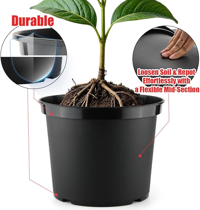 RooTrimmer 5 Gallon 12 Inch Plastic Nursery Pots, Plant Containers with Drainage Holes, Round Sturdy Garden Planters for Indoor/Outdoor Greenery, Gardening Gifts for Women (5-Pack, Black)