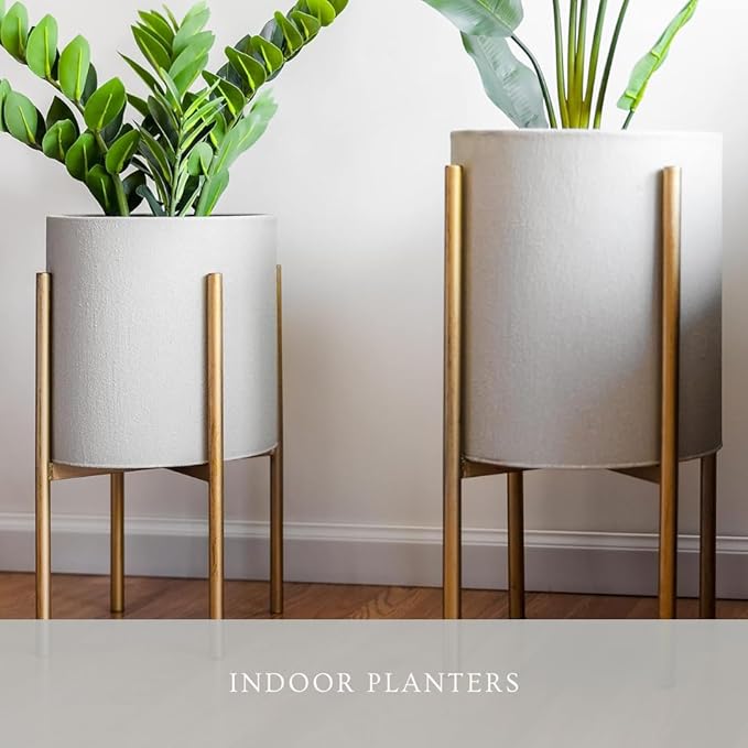 Aspire Mid-Century Modern Planter Set of 2, Gray Indoor Plant Pots with Golden Metal Stand, Home Decor Planters for Plants, Hallway, Bedroom, Living Room