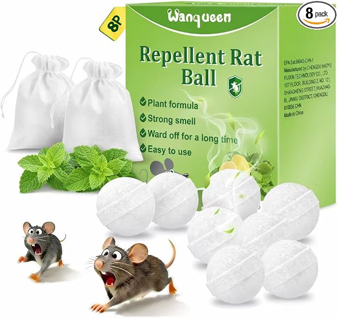 Wanqueen 8 Pack Mouse Rodent Repellent Balls, Peppermint Oil to Repel Mouse Traps & Rats, Long Lasting Protection, Safe for Pets & Kids Natural Deterrent for Home, Garage, Car