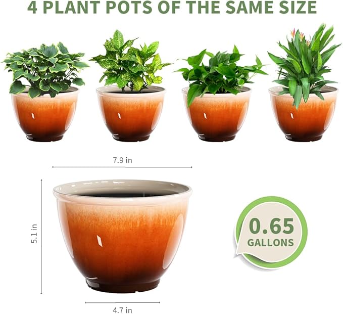 Vanslogreen 8 Inch Plant Pots with Drainage Hole, 4 Pack Plastic Flower Pots, Modern Sleek Decorative Planter for Indoor Outdoor Plants Succulent Snake (Orange)