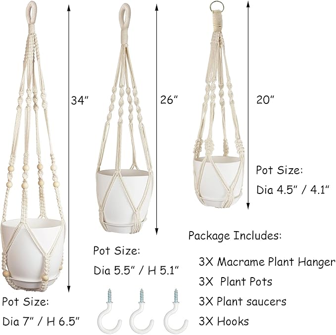 Bouqlife Macrame Plant Hangers with Pots and Saucers, 3 Pack Hanging Planters for Indoor Plants Hanging Plant Holders with Hooks 34" / 26" / 20"