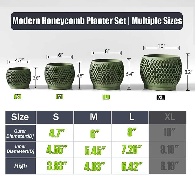 Plant Pots, Modern 3D Printed Honeycomb Planters for Indoor Plants, 4.7/6/8 Inch Military Green Decorative Flower Pot for Office Desktop, Bookshelf & Home Decor, Lightweight & Durable