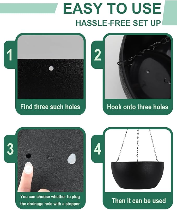 vensovo 12 Inch Large Hanging Planters for Outdoor Plants - 2 Pcs Plastic Hang Planter Flower Pot Baskets with Drainage Holes and Chain, Plant Pots for Home Garden Decor, Black