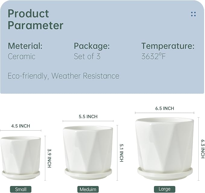 Octagon Ceramic Plant Pots - Indoor White Flower Planter Set with Drainage Holes, 6.5+5.5+4.5 Inch, Modern Decorative Planter Pots for Indoor Plants, Home Decor, Ideal Gifts for Women, Set of 3