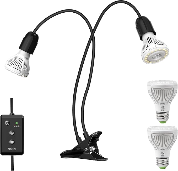 SANSI LED Grow Lights for Indoor Plants 1-Pack + 10W Grow Bulbs 2-Pack, Lifetime Free Bulb Replacement, 300W Full Spectrum Dual Gooseneck Clip Plant Grow Light, Plant Light with Timer 4/8/12 Hrs