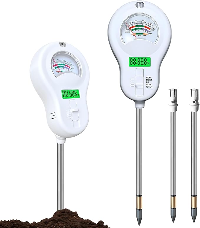6-in-1 Soil Moisture Meter, pH Tester, Soil Moisture, Fertility, Sunlight, Temperature, Humidity, with Detachable Probe, for Agriculture, Gardening, and Outdoor Plants (Include 3* Detachable Probes)