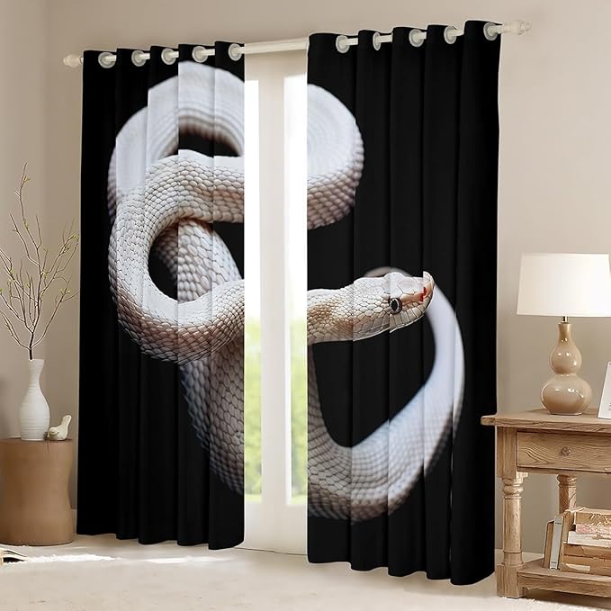 White Snake Blackout Curtains,3D S-Shaped Little Dragon Reptile Window Curtains 2 Panels 52"Wx84"L,African Wildlife Skin Tropical Desert Animals Curtains & Drapes,Snake Hide Window Treatments Black