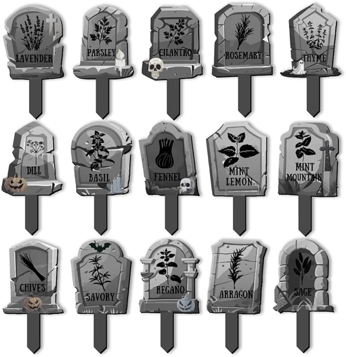 arricraft 15 Pcs Tombstone Shape Plant Name Tag, Halloween Theme Wood Plant Markers Thyme Rosemary Dill Basil Herb Plant Labels Garden Sign for Seed Seedling Potted Plant 2.5x4.7 inch(6.35x12cm)