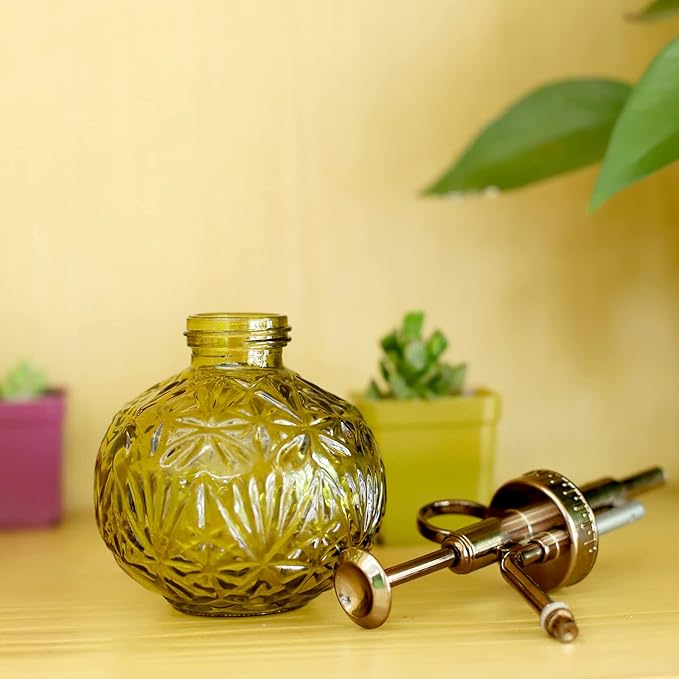 Hniuyun Glass Plant Mister Spray Bottle, 6.5inch Tall Vintage Round Spritzer with Bronze Plastic Top Pump for Watering Your Garden (Yellow)