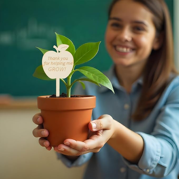 Sieral 50 Pcs Wooden Teacher Appreciation Plant Tags Sign, Thank You for Helping Me Grow, Apple Shape Plant Tags, Grow Succulent Gift Card Graduation Gifts Stakes Labels Garden for Baby Shower