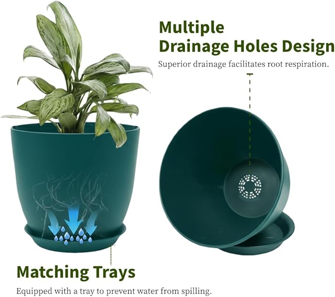Vanslogreen Plant Pots 8 Inch Set of 6, Flower Pots with Drainage Holes and Saucer, Plastic Garden Planters for Indoor & Outdoor Plants (Deep Green)