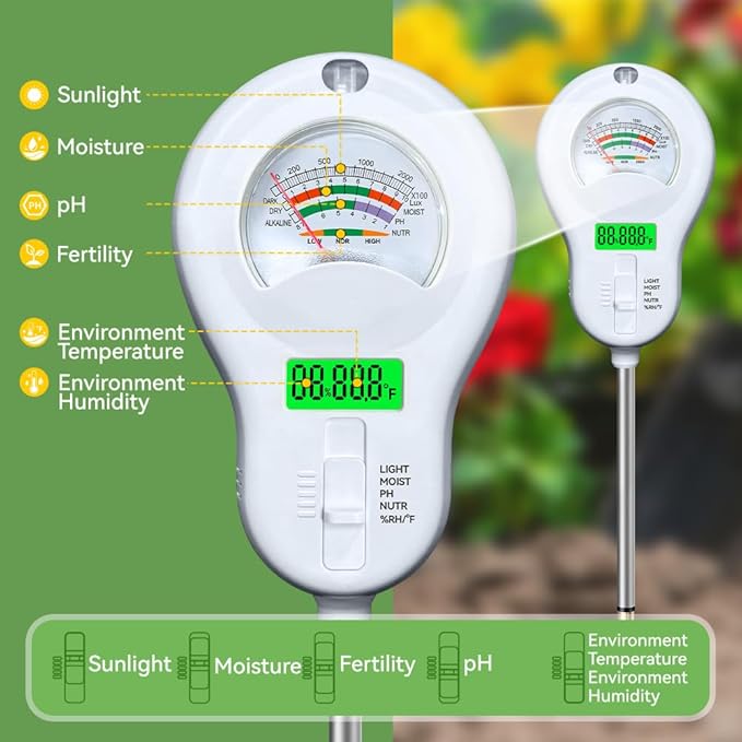 6-in-1 Soil Moisture Meter, pH Tester, Soil Moisture, Fertility, Sunlight, Temperature, Humidity, with Detachable Probe, for Agriculture, Gardening, and Outdoor Plants (Include 3* Detachable Probes)