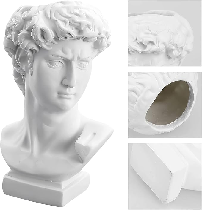David Statue Vase - 6 Inch Greek Bust Head Aesthetic Planter White Home Decor Roman Style Resin Succulent Flower Planter Pot Sculpture Brushes Holder Makeup Pen Holder