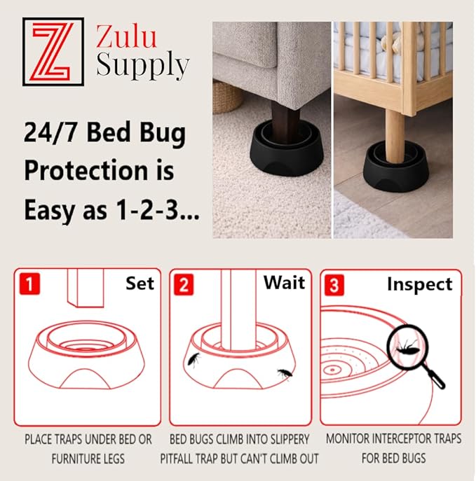 Bed Bug Interceptor Traps – Black 8-Pack Passive Monitor & Detection Trap – Universal Fit for Bed & Furniture Legs – Reusable Non-Climbable Wall Pest Control Protection (Black 8-Pack)