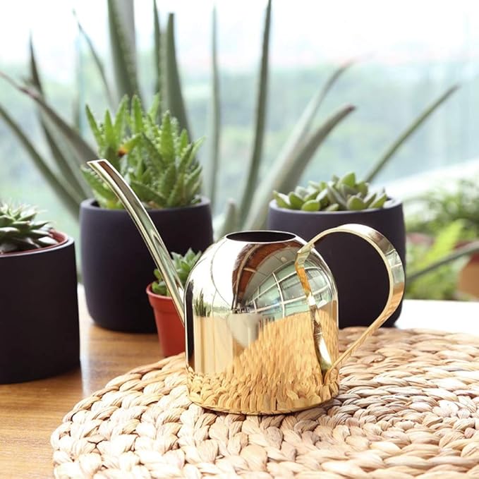 Watering Can, Stainless Steel Watering Can Mini Watering Pot Plant Watering Can with Long Spout Houseplant Potted Watering Can for Outdoor Office Succulent Bonsai Garden Flower Gift 500ml(Gold)
