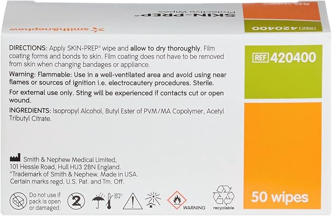 Smith+Nephew Skin-PREP◊ Wipes, Protective Dressing Wipes, Skin Barrier Film, Contains Alcohol, Box of 50