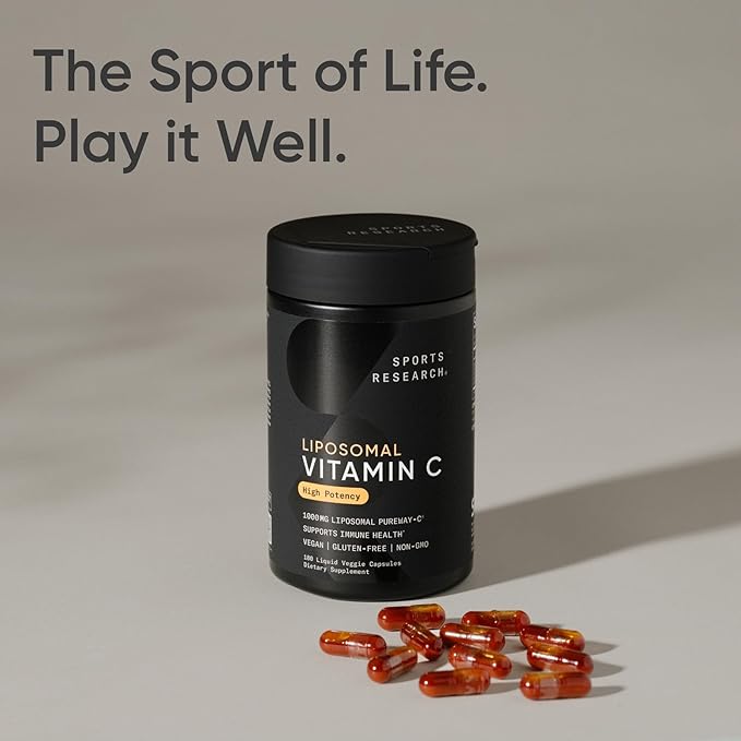 Sports Research® High Potency Liposomal Vitamin C Supplement 1000 mg – Certified Vegan, Non-GMO, Gluten Free | Antioxidant & Immune Support | Ascorbic Acid Vitamin C | 180 Liquid Veggie Capsules